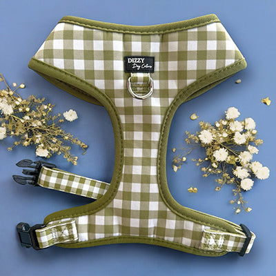 The image showcases a green and white checkered dog harness on a light blue background, accented by white and gold flowers. The harness is labeled
