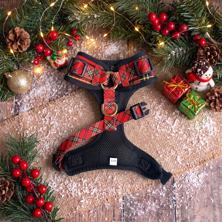 DOG HARNESS | Red and Gold Plaid | Adjustable Harness with Removable Bow Tie