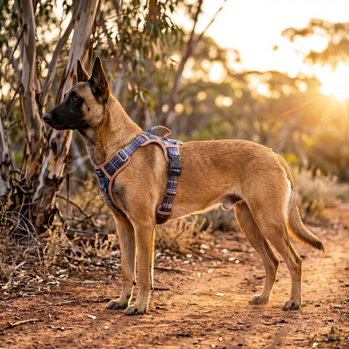 No Pull Dog Harness with Handle | Reflective & Stainless Steel | Highland Charm: Navy & Cream Plaid