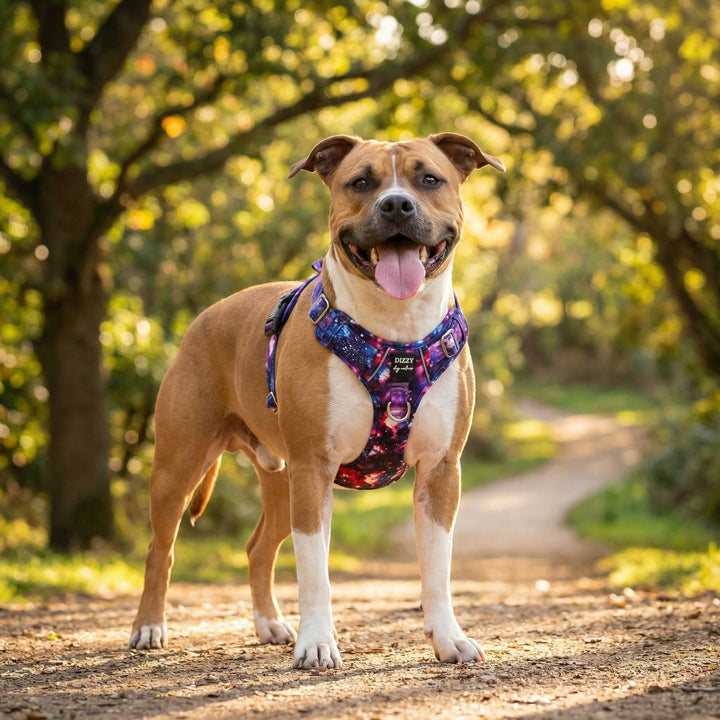 Dog wearing a colorful harness standing on a path with trees in the background