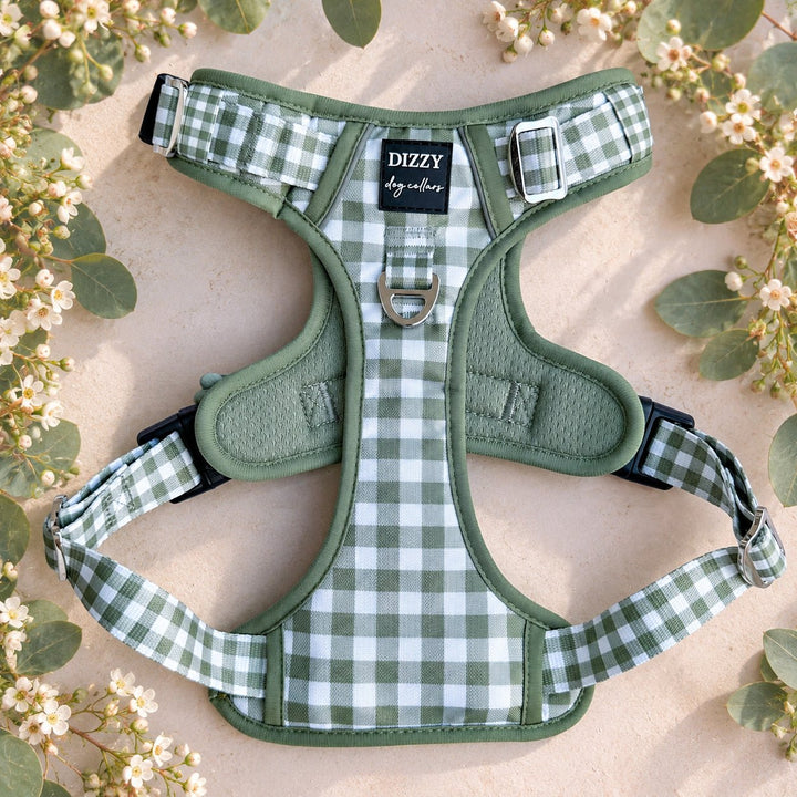 Sage Gingham No Pull Dog Harness | Step in | Reflective | Heavy Duty | Easy Reach Handle | Sage Gingham