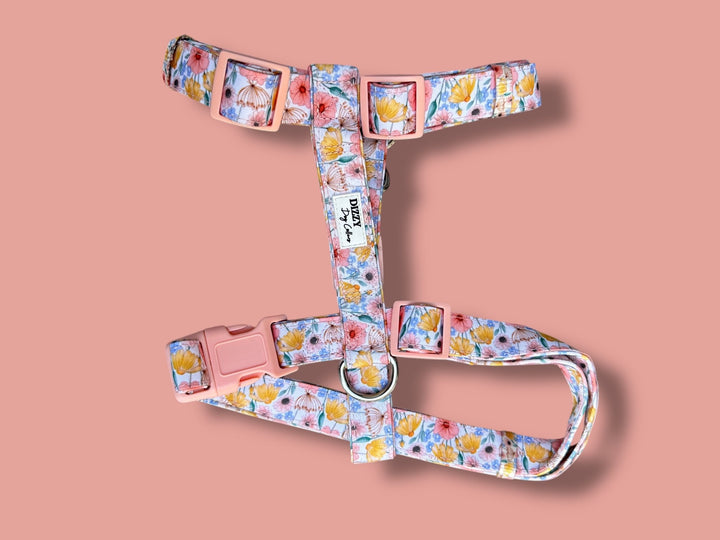 Peachy Posies H-Harness | Front & Back Clip | Padded Canvas & Neoprene