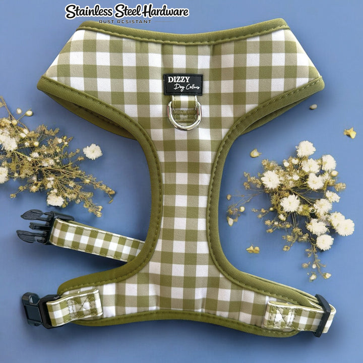 DOG HARNESS | Olive Gingham | Neck Adjustable Dog Harness