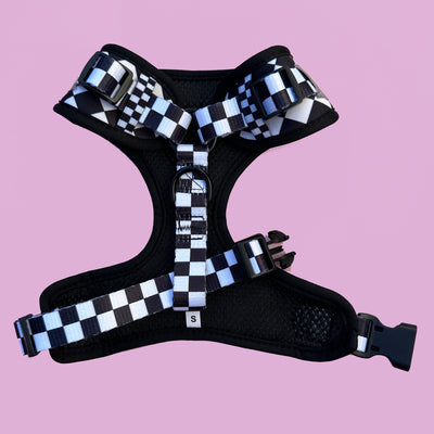DOG HARNESS |Black and White Checkers | Neck Adjustable Dog Harness-BFF-Dizzy Dog Collars