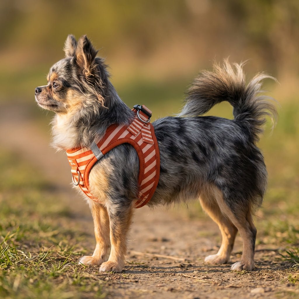 Small dog wearing an orange harness standing on a dirt path with a blurred natural background