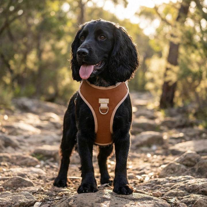 Black dog wearing a brown harness standing on a rocky trail with trees in the background