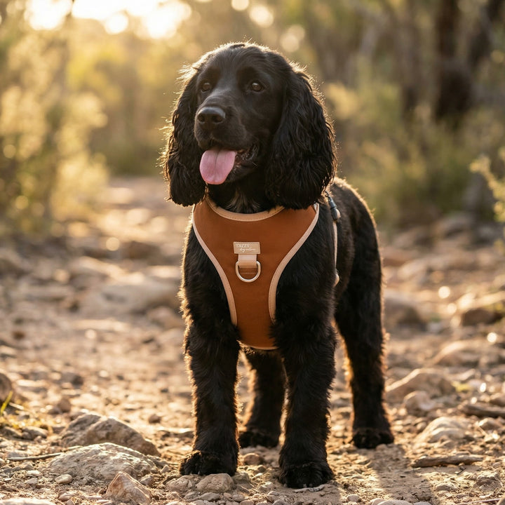 Black dog wearing a brown harness standing on a rocky path with greenery in the background