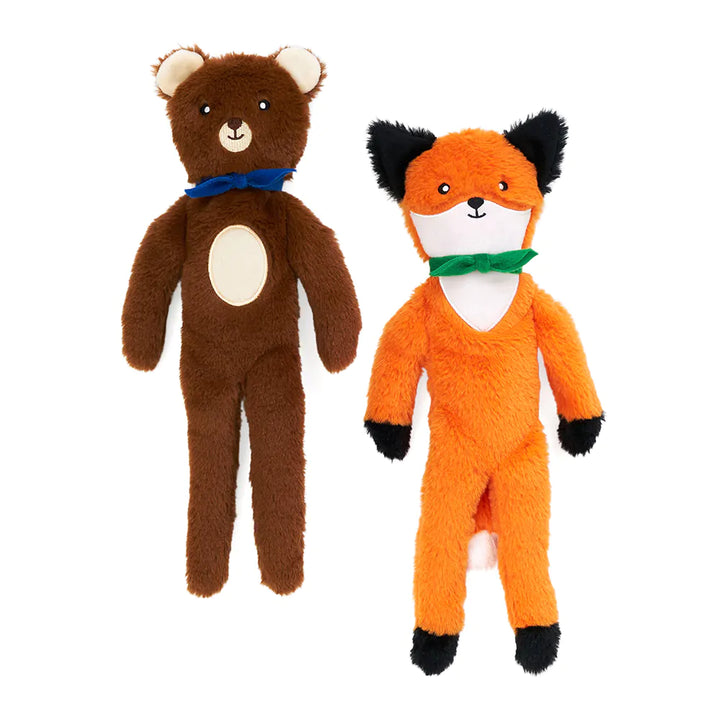 Zippy Paws Fluffy Peltz Plush Squeaker Dog Toy - Bear & Fox 2- Pack