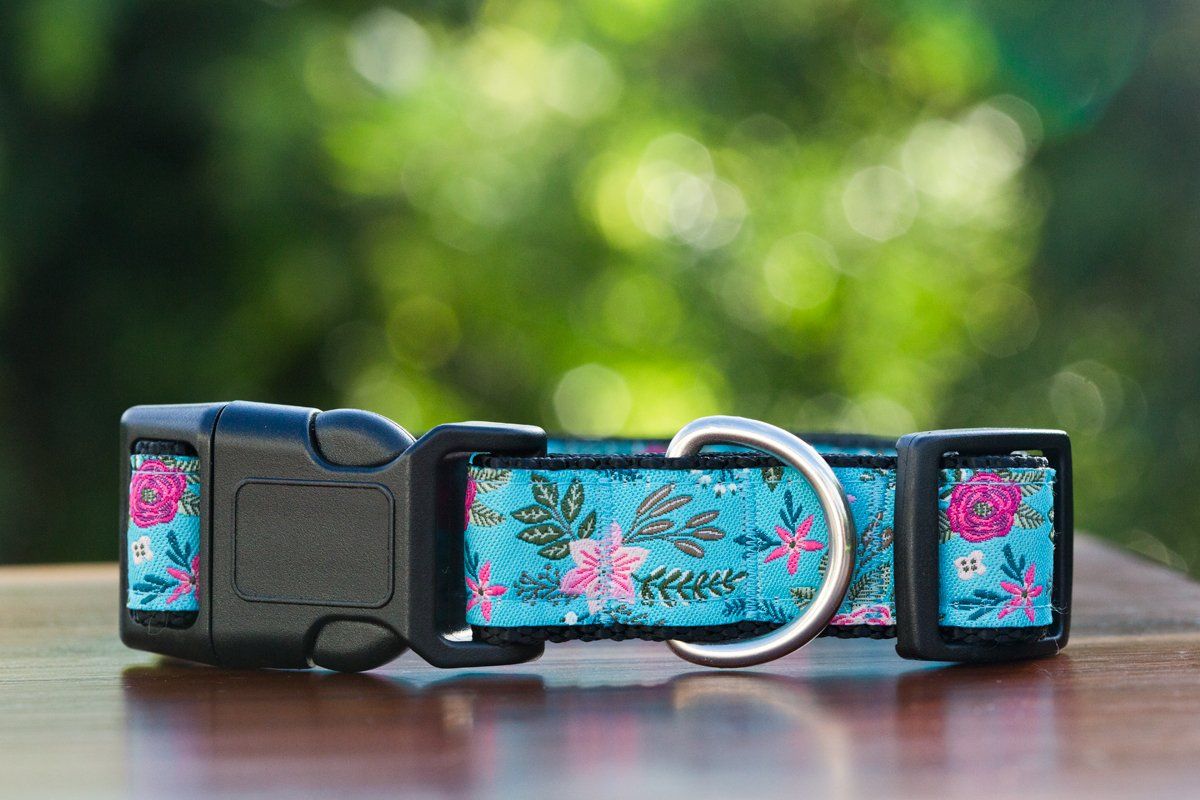 Aqua Floral Dog Collar Handmade to order (allow 14 days) Australian