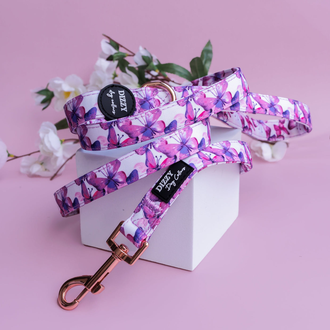 Pink Butterflies Dog Leash | Canvas & Neoprene | Premium Quality Fully Padded Leash-Leash-Dizzy Dog Collars