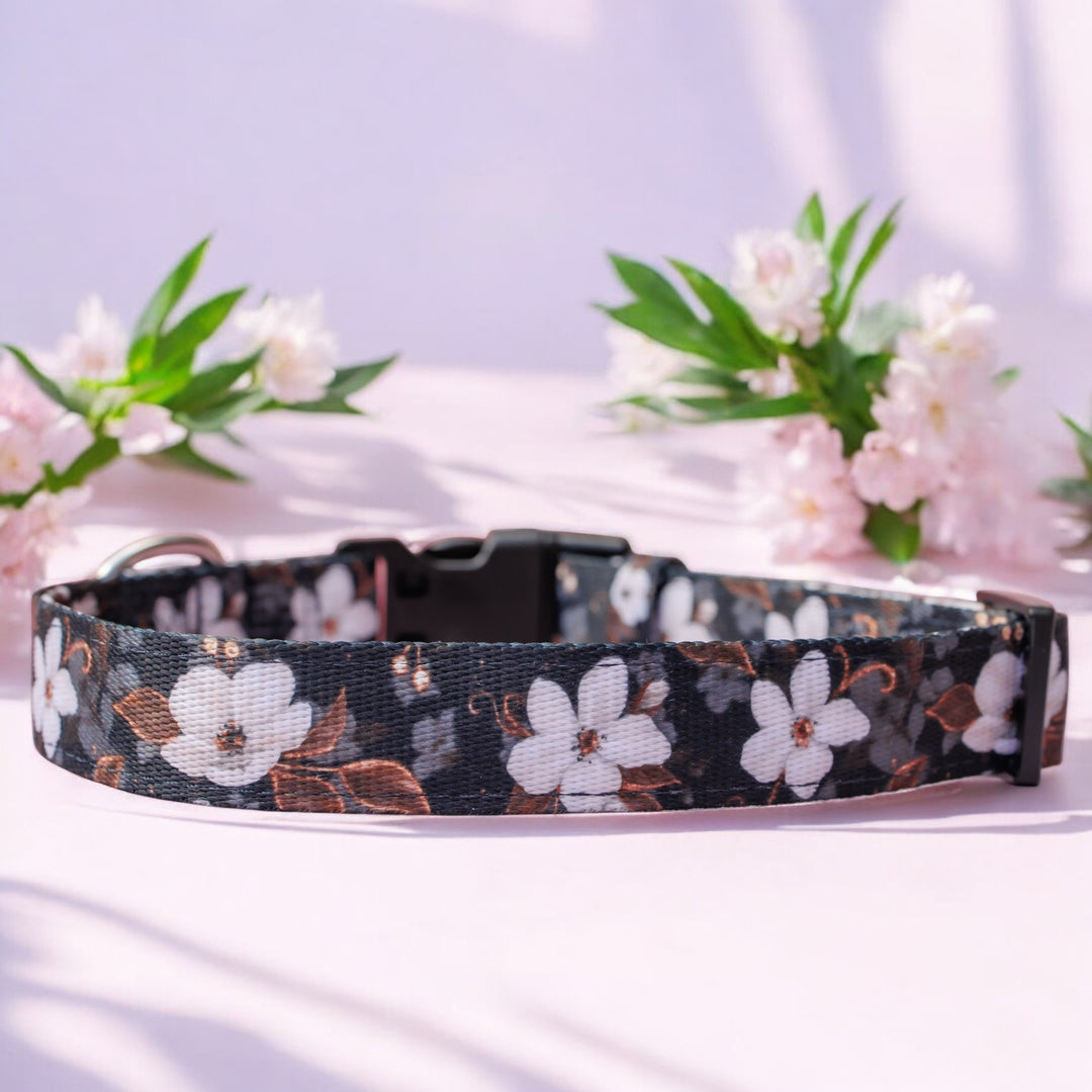 Floral-patterned dog collar with 'Dizzy Dog Collars' brand on a light background with flowers.