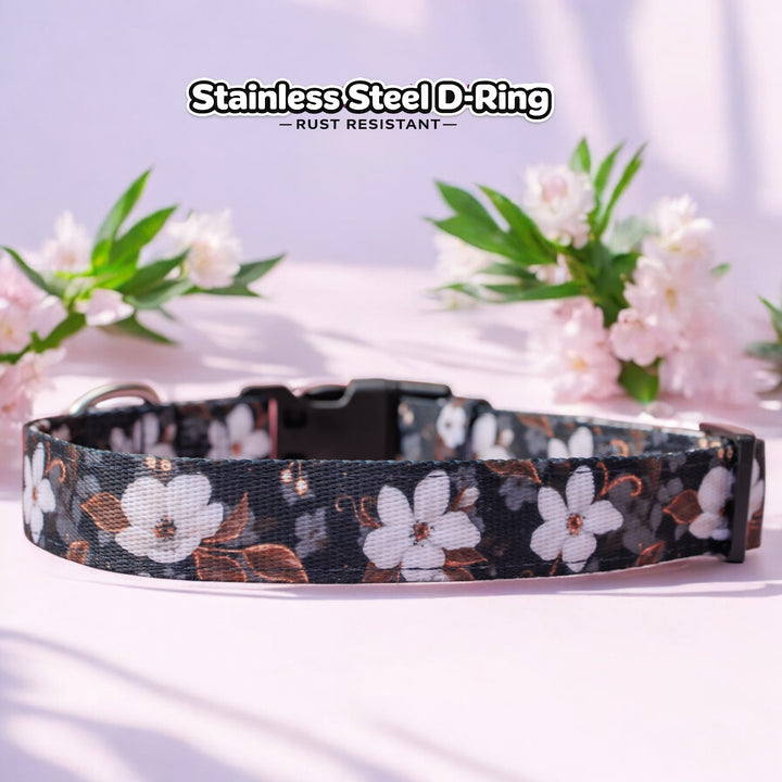 Midnight Cherry Blossoms Dog Collar | Neoprene & Stainless Steel