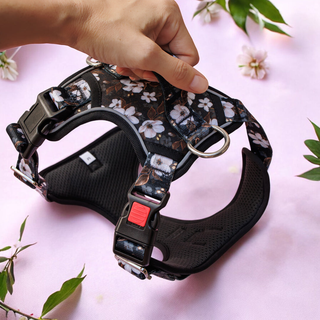 No Pull Dog Harness | Step in | Reflective | Heavy Duty | Easy Reach Handle | Midnight Cherry Blossoms