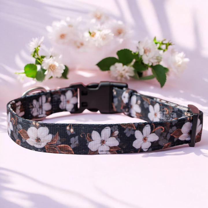 Floral-patterned dog collar with 'Dizzy Dog Collars' brand on a light background with flowers.