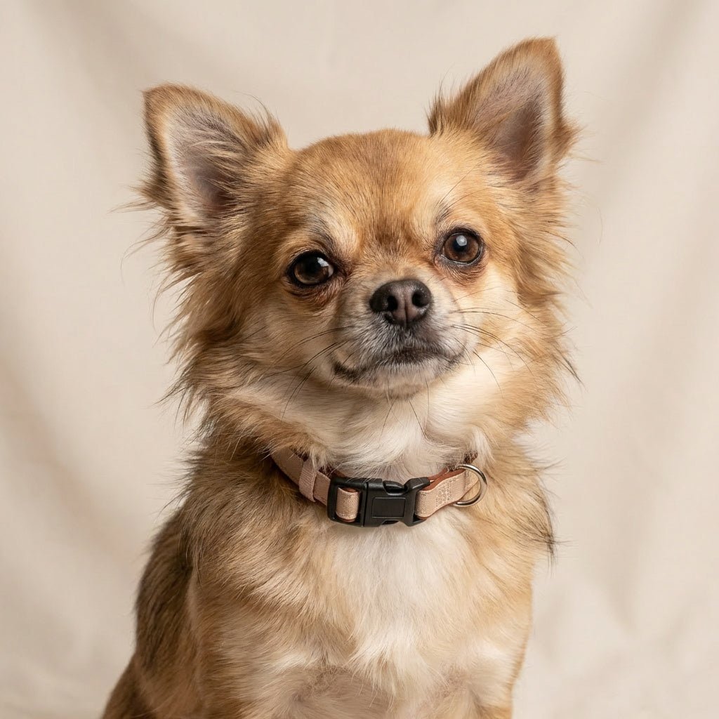 Small dog with a collar on a beige background