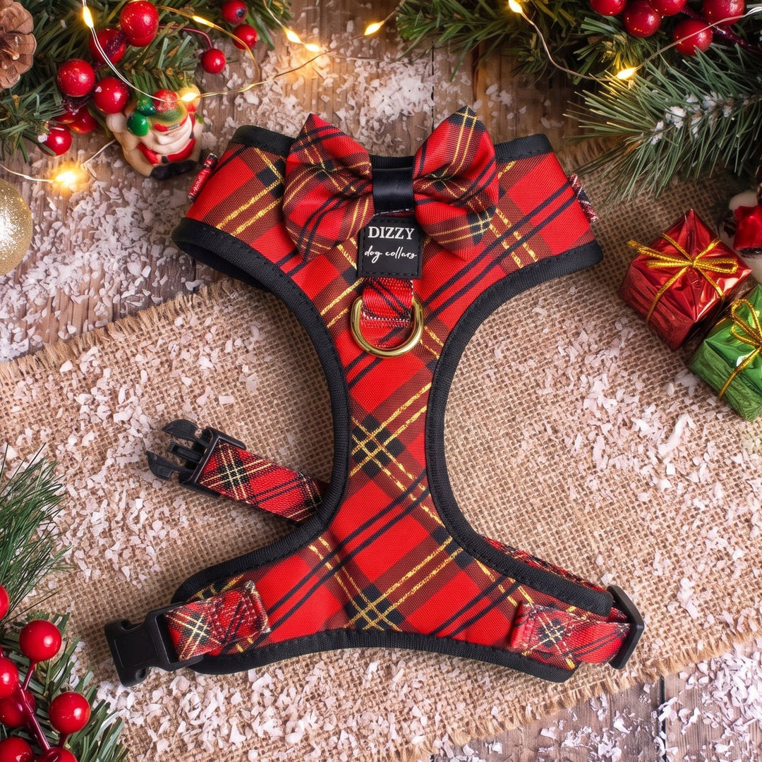 DOG HARNESS | Red and Gold Plaid | Adjustable Harness with Removable Bow Tie