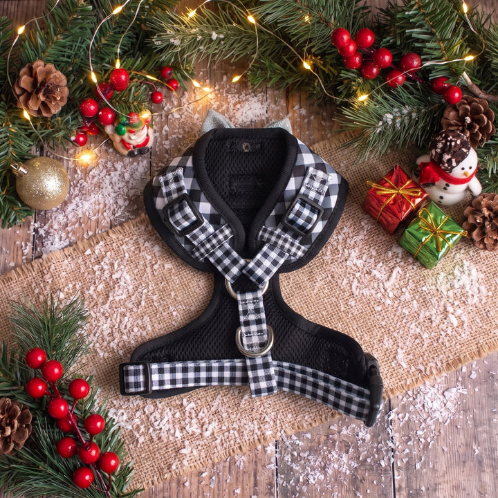 Classic Gingham Adjustable Dog Harness with Removable Bow Tie