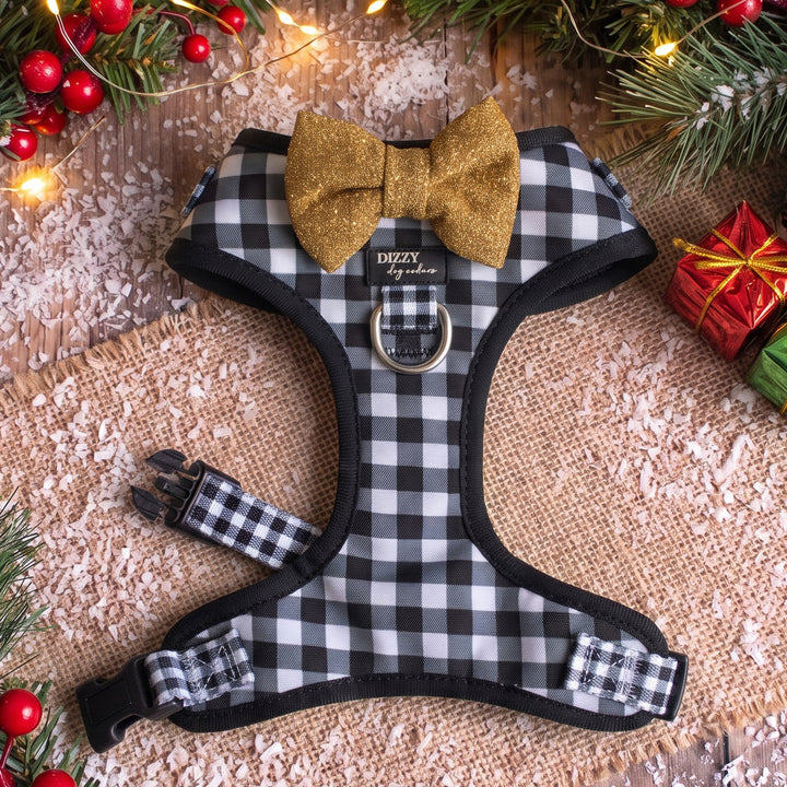 Classic Gingham Adjustable Dog Harness with Removable Bow Tie