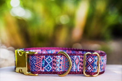This cute aztec dog collar is burgundy in colour and is handmade in Australia
