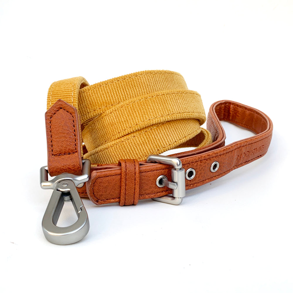 Corduroy & Vegan Leather Dog Leash - Mustard Yellow-Leashes-Dizzy Dog Collars