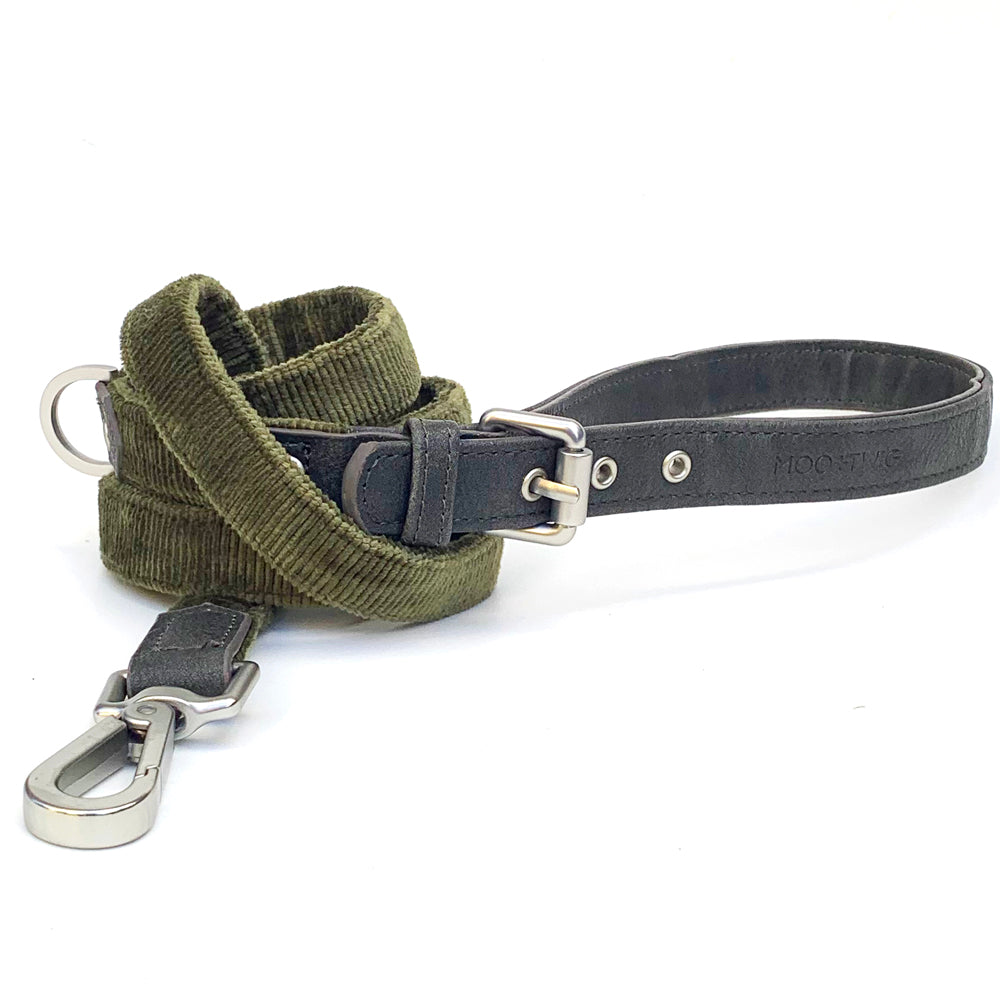 Corduroy & Vegan Leather Dog Leash - Olive Green-Leashes-Dizzy Dog Collars