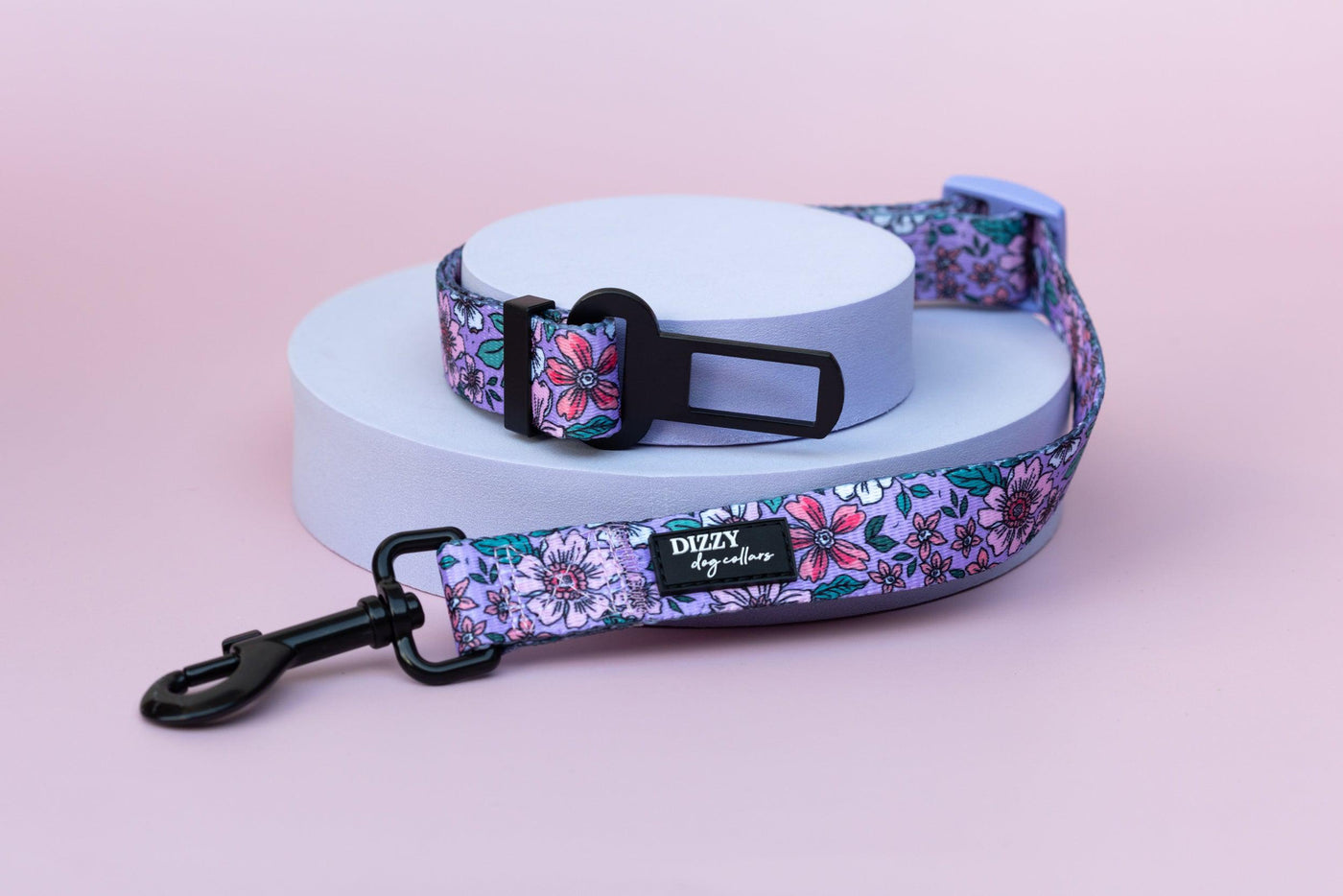 Dog Car Seatbelt | Dog Car Restraint Tether | Lilac Floral-Dizzy Dog Collars