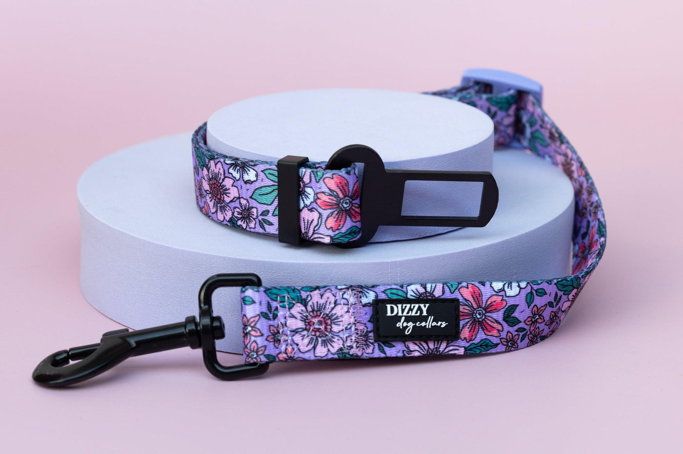 Dog Car Seatbelt | Dog Car Restraint Tether | Lilac Floral-Dizzy Dog Collars