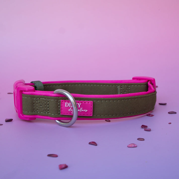 The Fig Dog Collar | Neoprene Padded | Olive & Hot Pink | Stainless Steel D-Ring