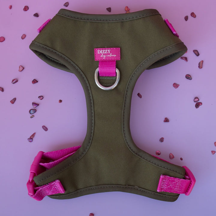 The Fig Adjustable Dog Harness | Olive & Hot Pink | Stainless Steel D-Rings