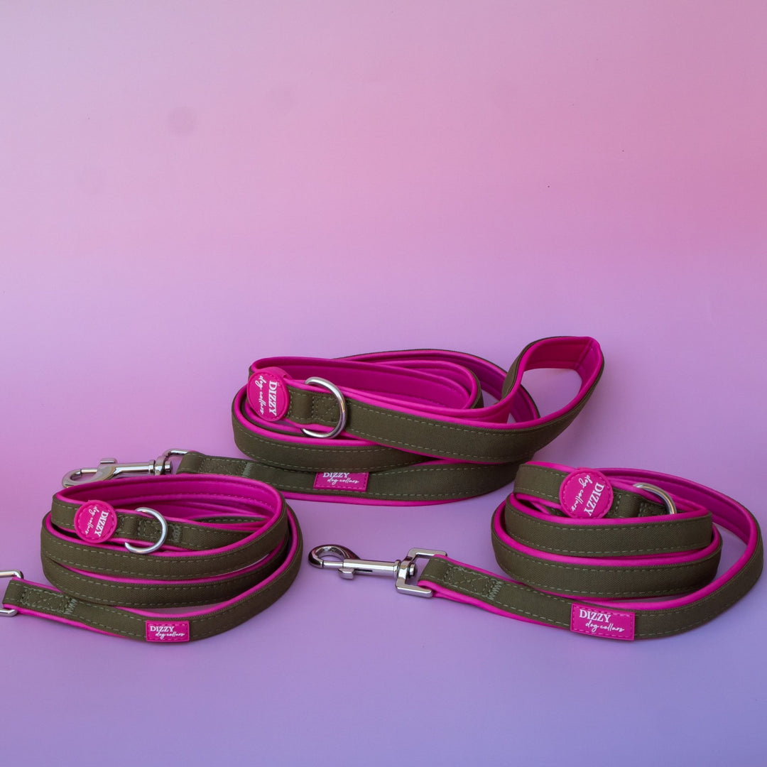 The Fig Dog Leash | Fully Padded Canvas & Neoprene | Olive & Hot Pink