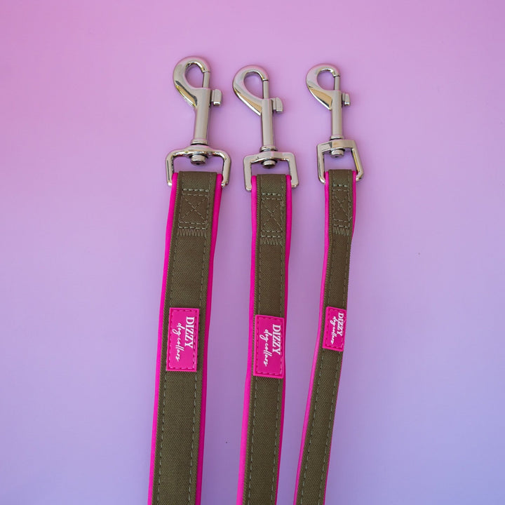 The Fig Dog Leash | Fully Padded Canvas & Neoprene | Olive & Hot Pink