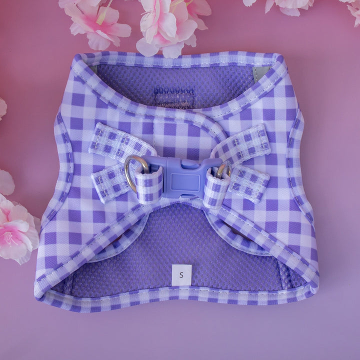 Lavender Gingham Step In Dog Harness | No Pull Harness for XS to Medium Dogs & Cats | Stainless Steel