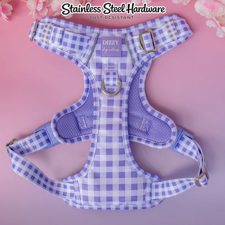 No Pull Harness with Handle | Lavender Gingham | Stainless Steel & Reflective | Step In