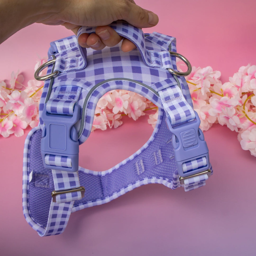 Purple checkered dog harness held by a hand on a pink background with flowers.