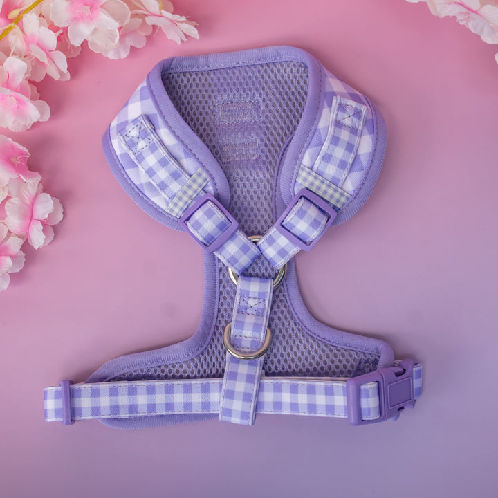Lavender Gingham Neck Adjustable Dog Harness
