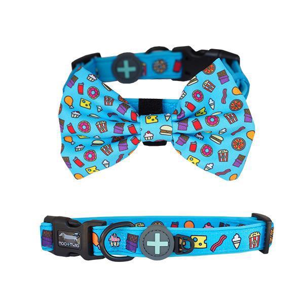 Blue Dog Collar with bow tie with junk food print all over