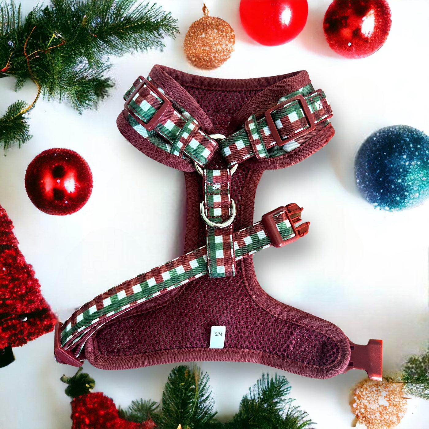 DOG HARNESS | Christmas Gingham | Neck Adjustable Dog Harness-Fabric Harness-Dizzy Dog Collars