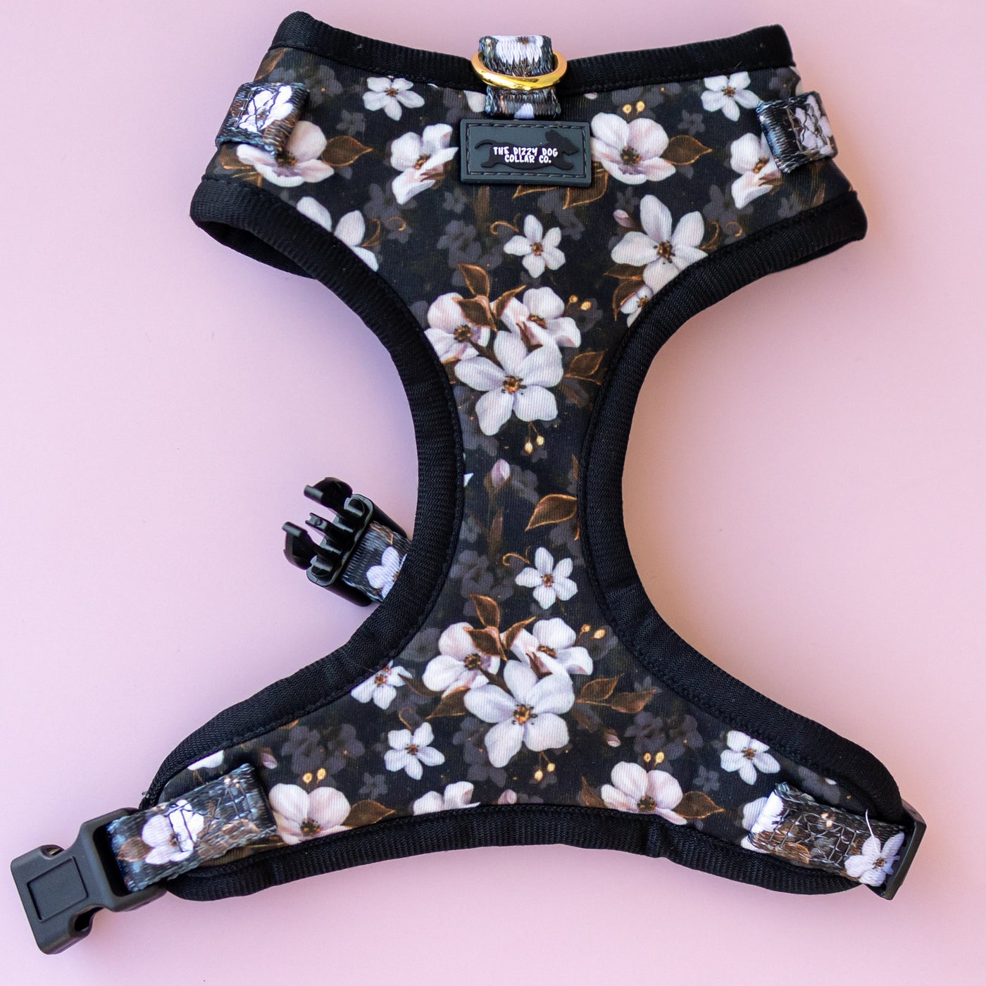 DOG HARNESS - Midnight Cherry Blossoms with Front & Back Attachment - Neck Adjustable Harness-Harness-Dizzy Dog Collars