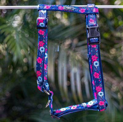 DOG HARNESS, Navy Floral- Padded H-Harness, With Front & Back Attachment-Harness-Dizzy Dog Collars