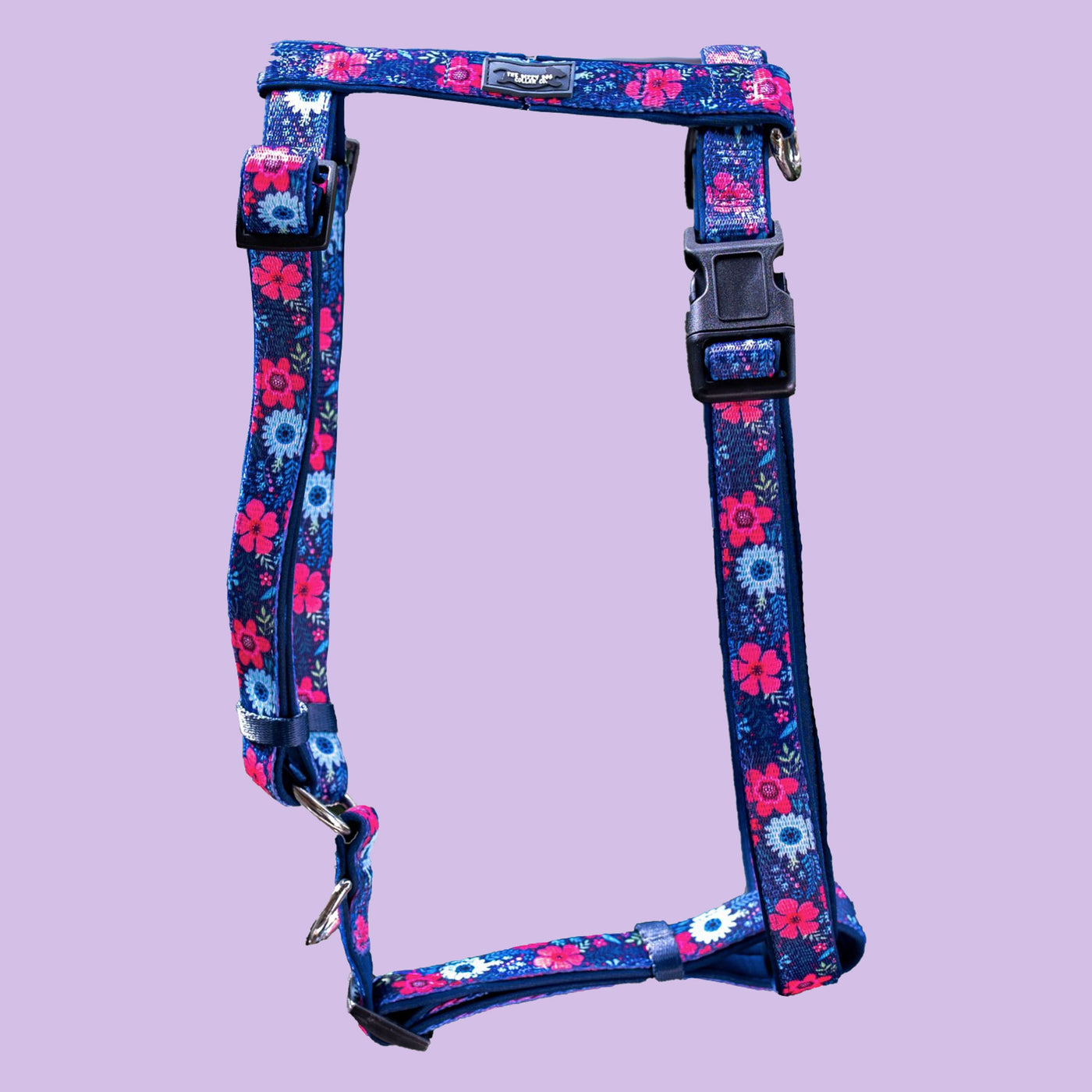DOG HARNESS, Navy Floral- Fully Padded H-Harness, With Front & Back Attachment-Harness-Dizzy Dog Collars