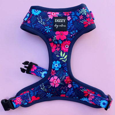 DOG HARNESS - Navy Floral - Neck Adjustable Harness-Harness-Dizzy Dog Collars