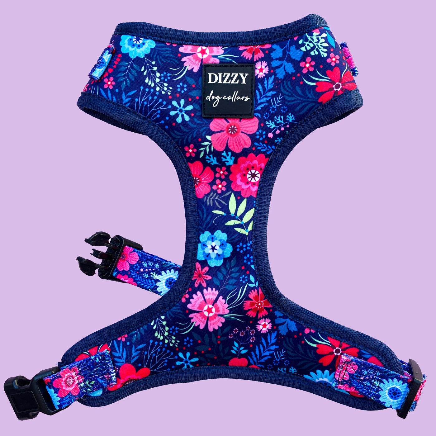 DOG HARNESS - Navy Floral - Neck Adjustable Harness-Harness-Dizzy Dog Collars