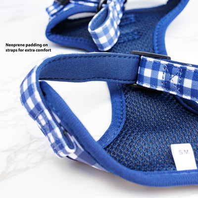DOG HARNESS | Navy Gingham | Neck Adjustable Dog Harness | Canvas and Neoprene-Fabric Harness-Dizzy Dog Collars