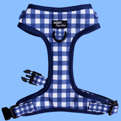 DOG HARNESS | Navy Gingham | Neck Adjustable Dog Harness | Canvas and Neoprene-Fabric Harness-Dizzy Dog Collars