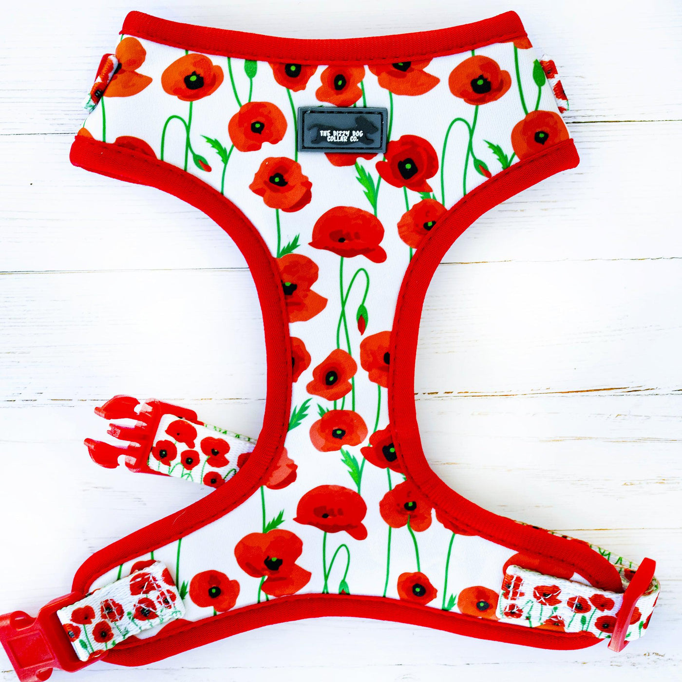 DOG HARNESS - Poppy Parade, Poppies Neck Adjustable Harness (Premade)-Harness-Dizzy Dog Collars