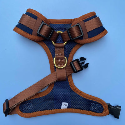 DOG HARNESS | The Coco | Neck Adjustable Dog Harness | Navy & Brown Dog Harness-Harness-Dizzy Dog Collars
