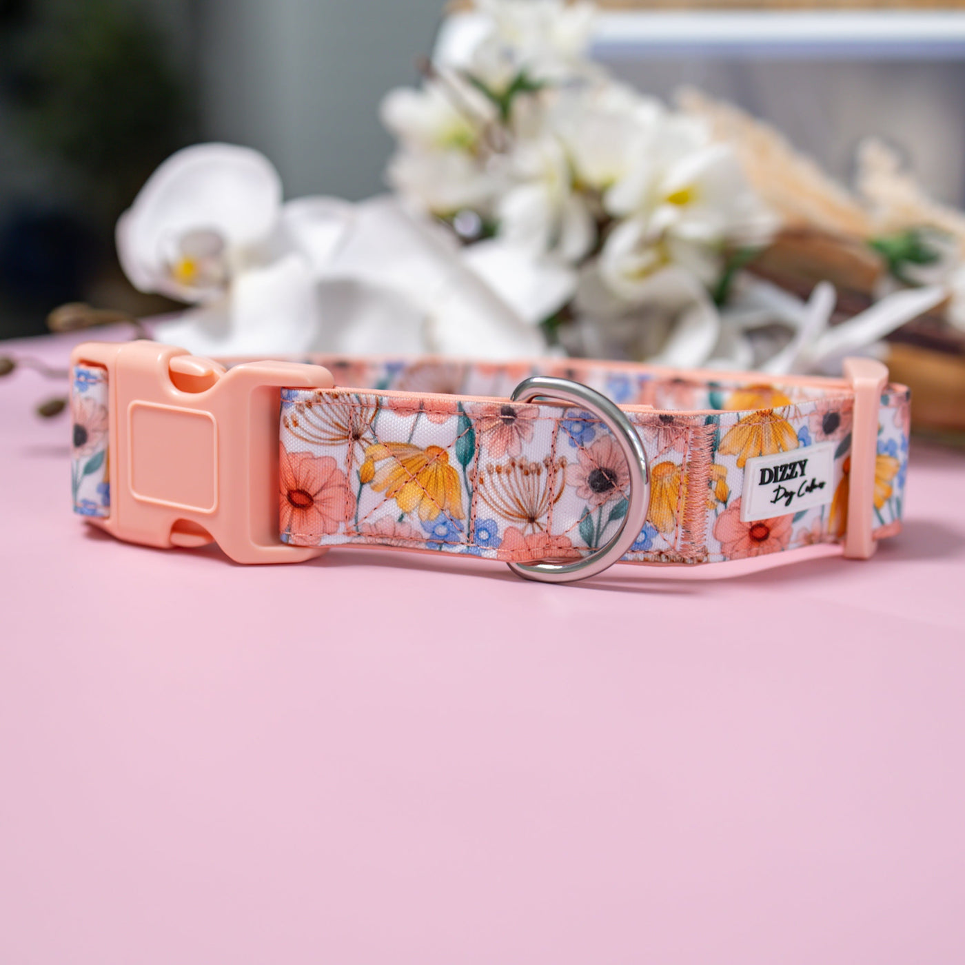 Extra Wide // Peachy Posies Dog Collar | Canvas & Neoprene Dog Collar-Dog Collar-Dizzy Dog Collars