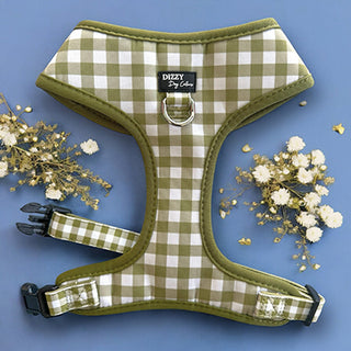 The image showcases a green and white checkered dog harness on a light blue background, accented by white and gold flowers. The harness is labeled 