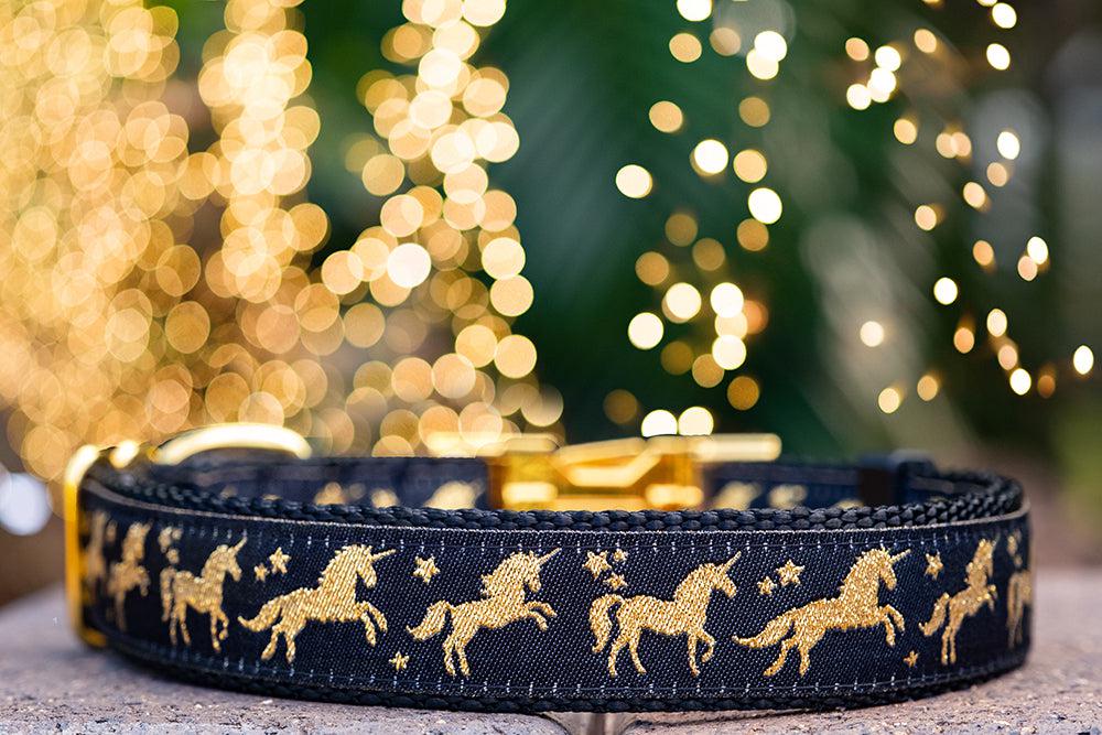 Gold Unicorns Dog Collar / Dog Collars-Dog Collar-Dizzy Dog Collars-XS 1.5cm (5/8”) Wide-Black (Plastic)-Dizzy Dog Collars