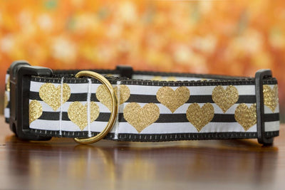 Golden Hearts Dog Collar 1.5" Wide / Gold Heart / Glitter-Dog Collar-Dizzy Dog Collars-Medium-Dizzy Dog Collars